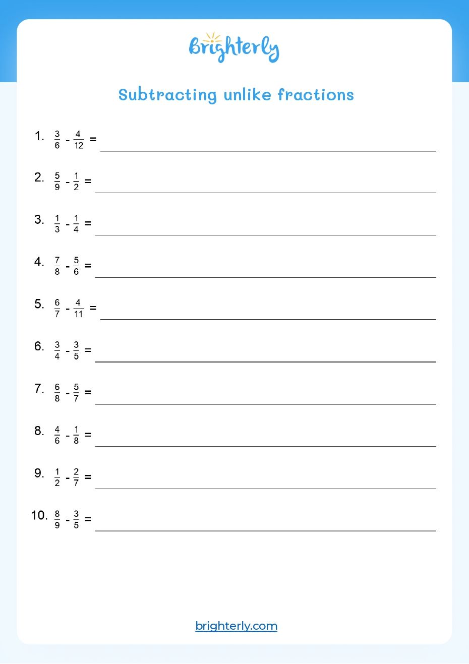 Free Printable Adding and Subtracting Fractions Worksheets - Brighterly