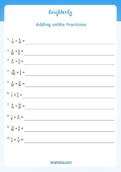 Adding and Subtracting Fractions Practice Worksheets