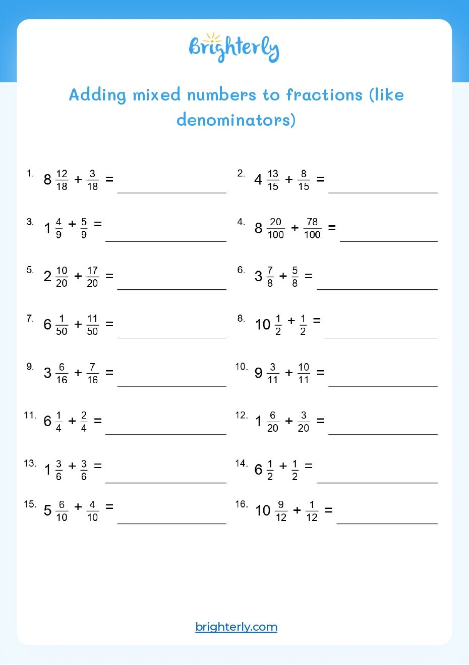 Adding Fractions Worksheets