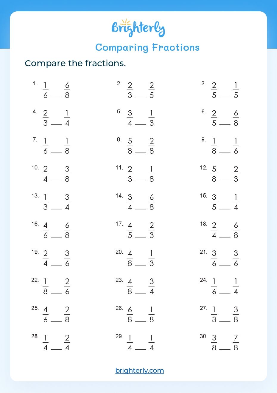 Free Printable Comparing Fractions Worksheet 4th Grade Brighterly com
