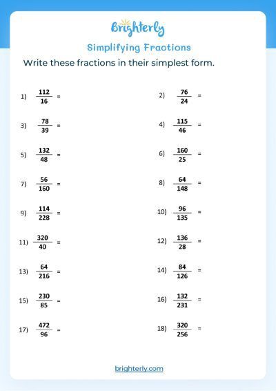 Simplify Fractions Worksheets