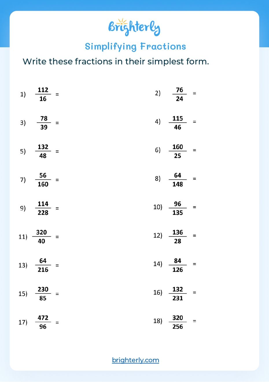 Free Printable Simplifying Fractions Worksheets For Kids - Brighterly.com