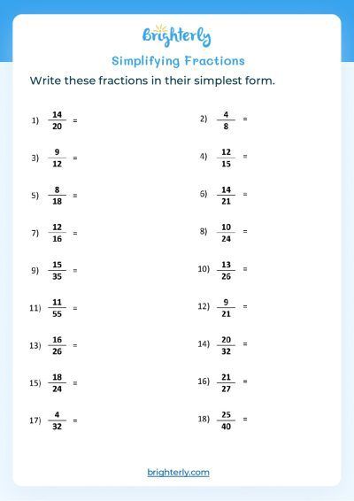 Simplify Fraction Worksheet