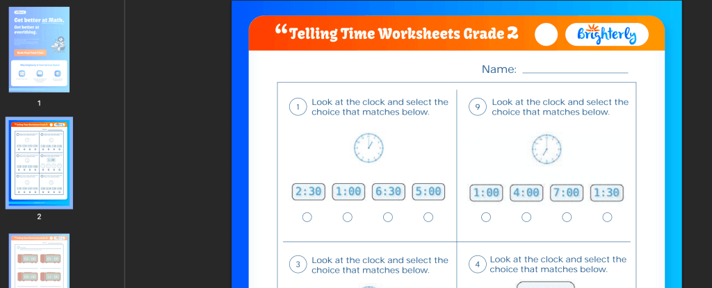 2nd grade telling time worksheets: Examples