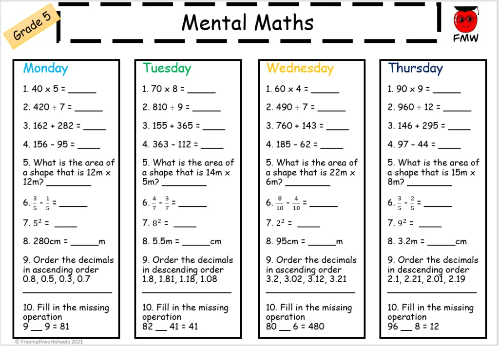 mental math practice worksheets