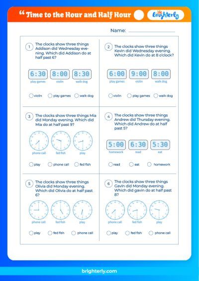 Telling Time To Hour And Half Hour Worksheets