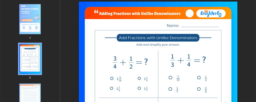 Add fractions with unlike denominators worksheet: Examples