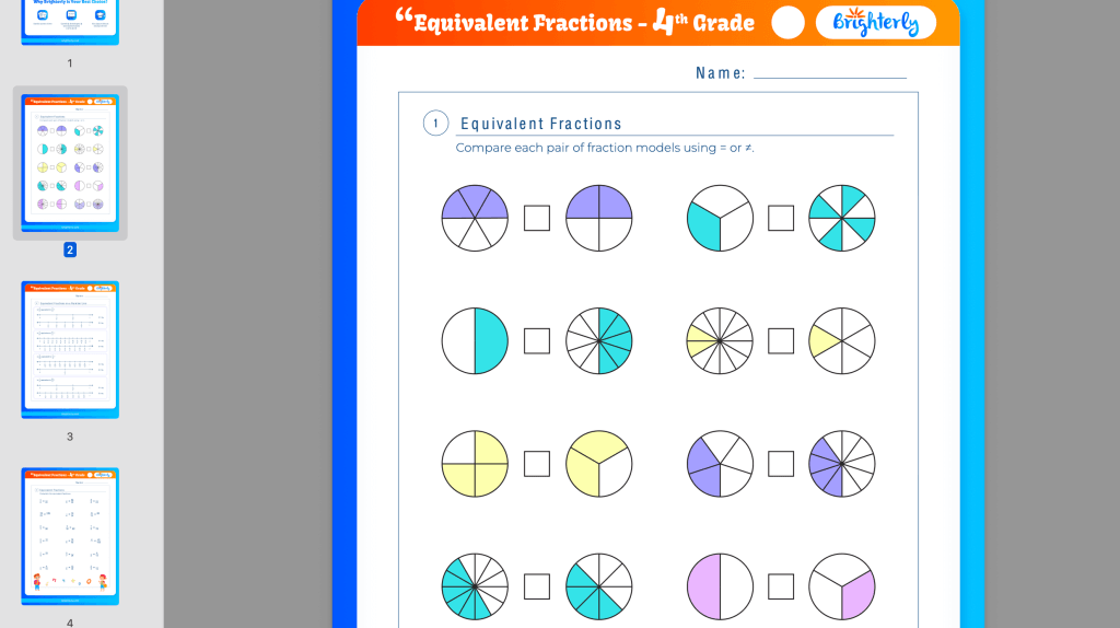 Equivalent fractions 4th grade worksheets: Examples