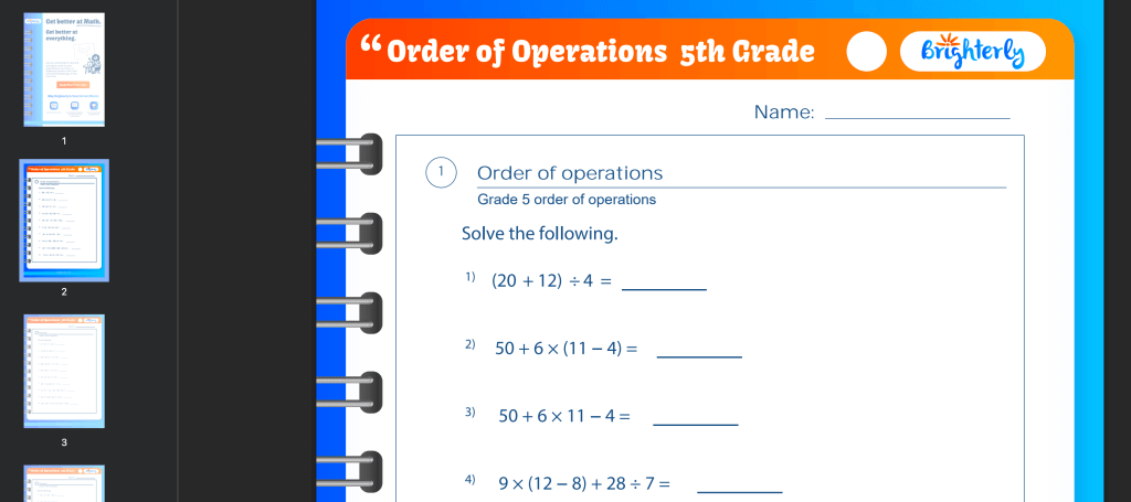 5th grade order of operations worksheets with answers: Examples