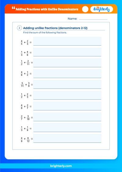 Adding Fractions With Different Denominators Worksheet PDF