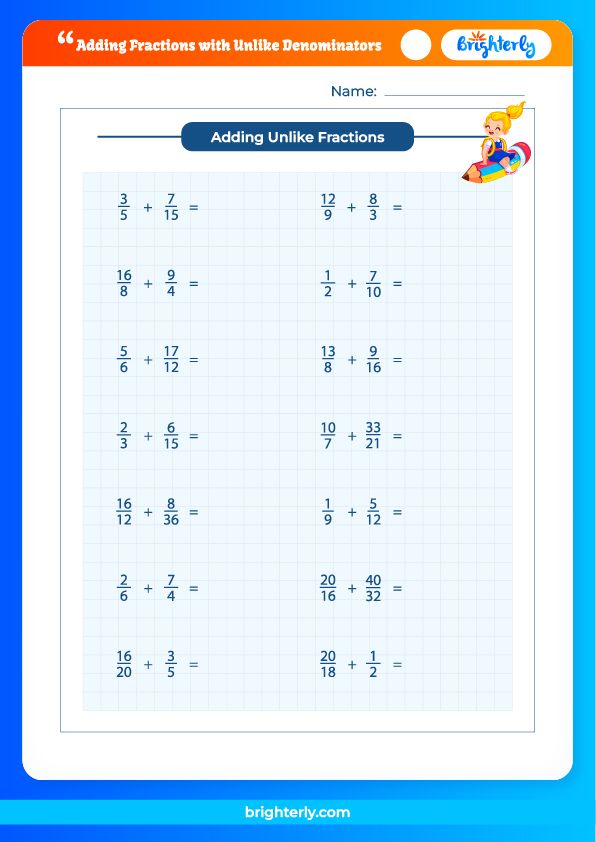 adding fractions with unlike denominators worksheets pdfs brighterly