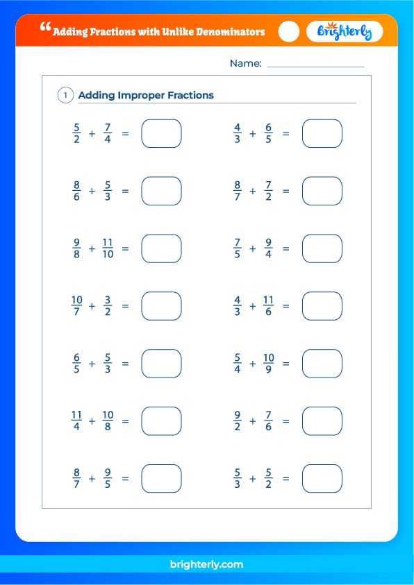 adding fractions with unlike denominators worksheets pdfs brighterly