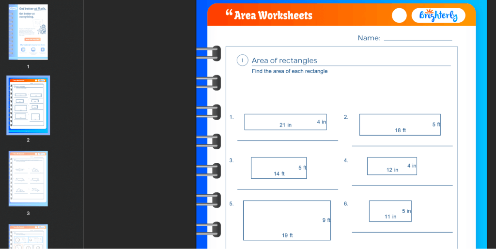 Finding area worksheets: Examples