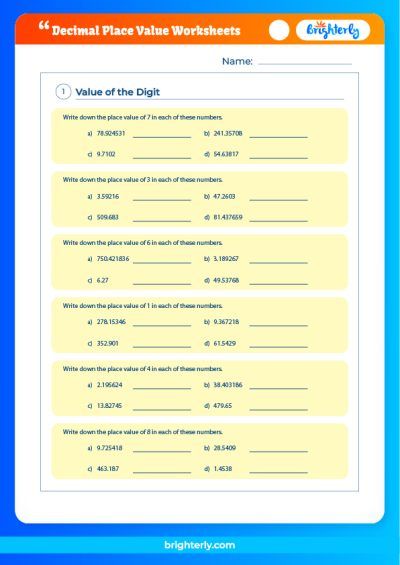 Decimal Place Value Worksheets PDF