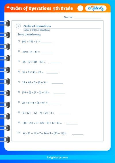 Order Of Operations 5Th Grade Worksheets