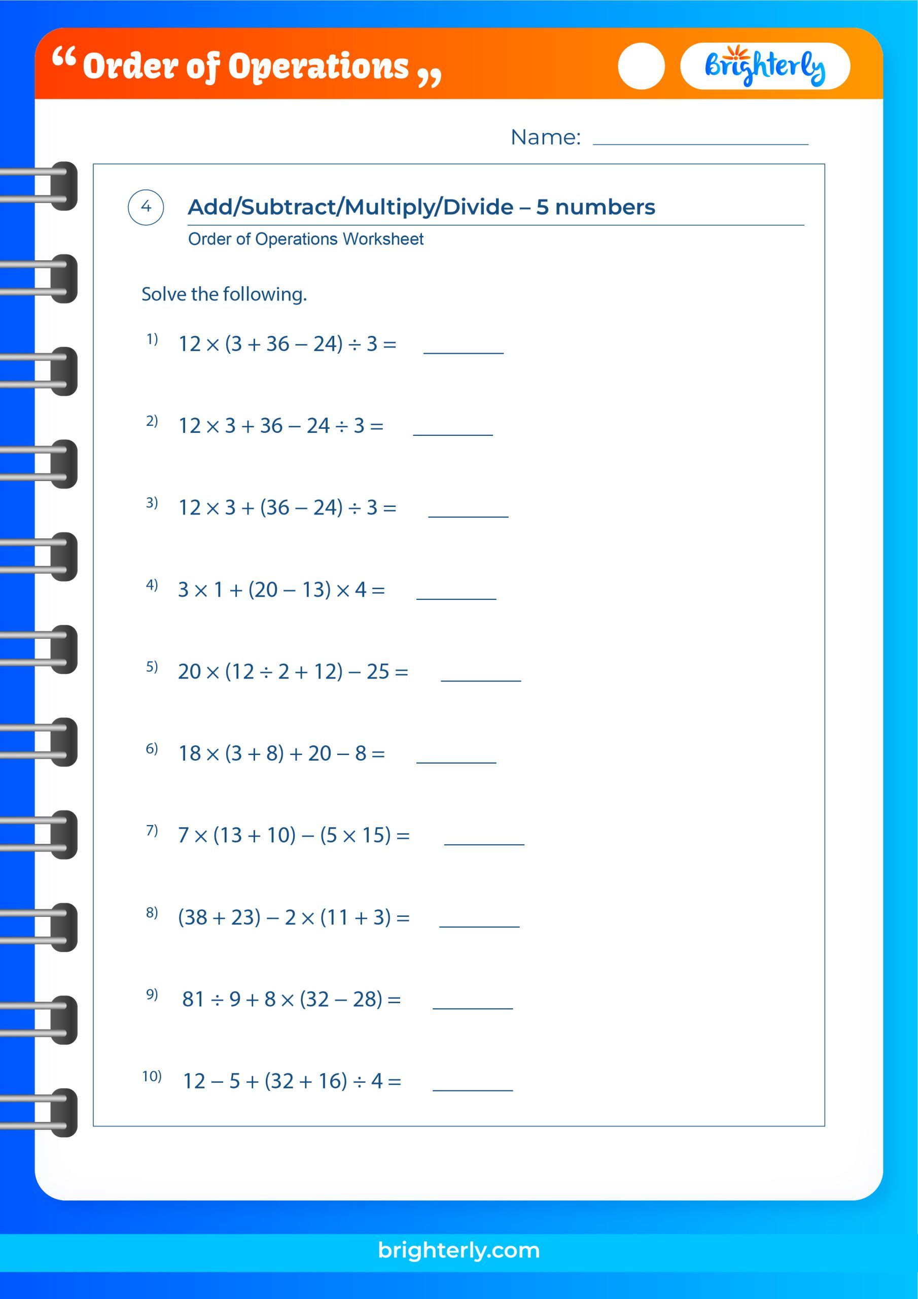 Free Printable Order Of Operations Worksheets [PDFs]