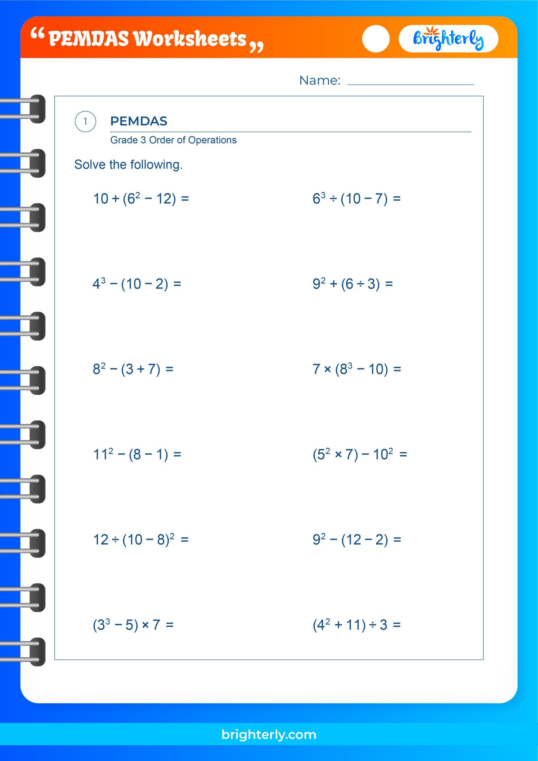 6th grade pemdas worksheet with answers