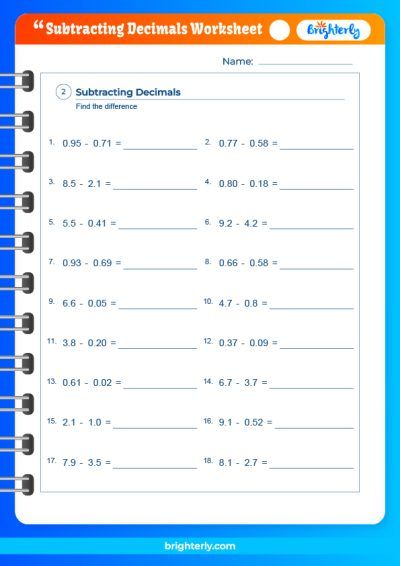 Subtracting With Decimals Worksheets
