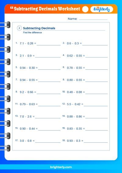Subtracting With Decimals Worksheet