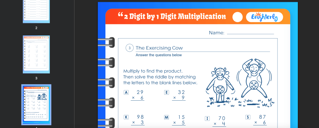 Multiplication 2 digit by 1 digit worksheet: Examples