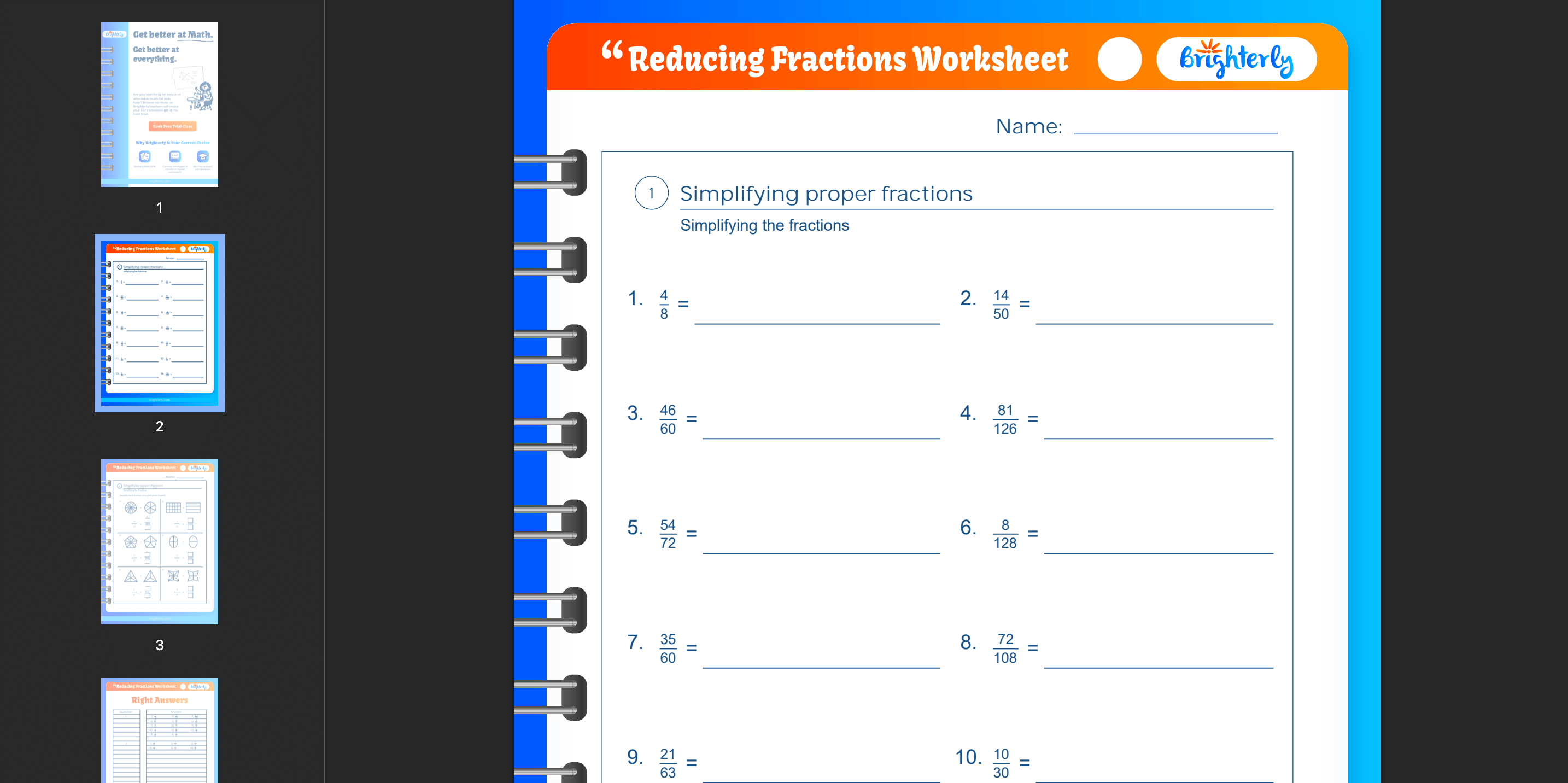 Reducing fractions worksheets: Examples