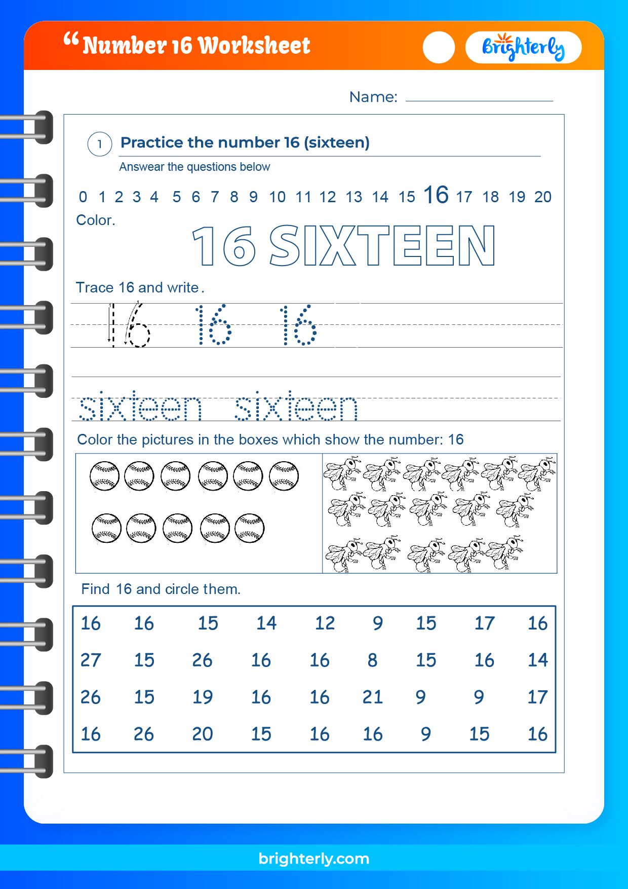 Free Printable Number 16 Worksheets For Preschoolers Kindergarten ...