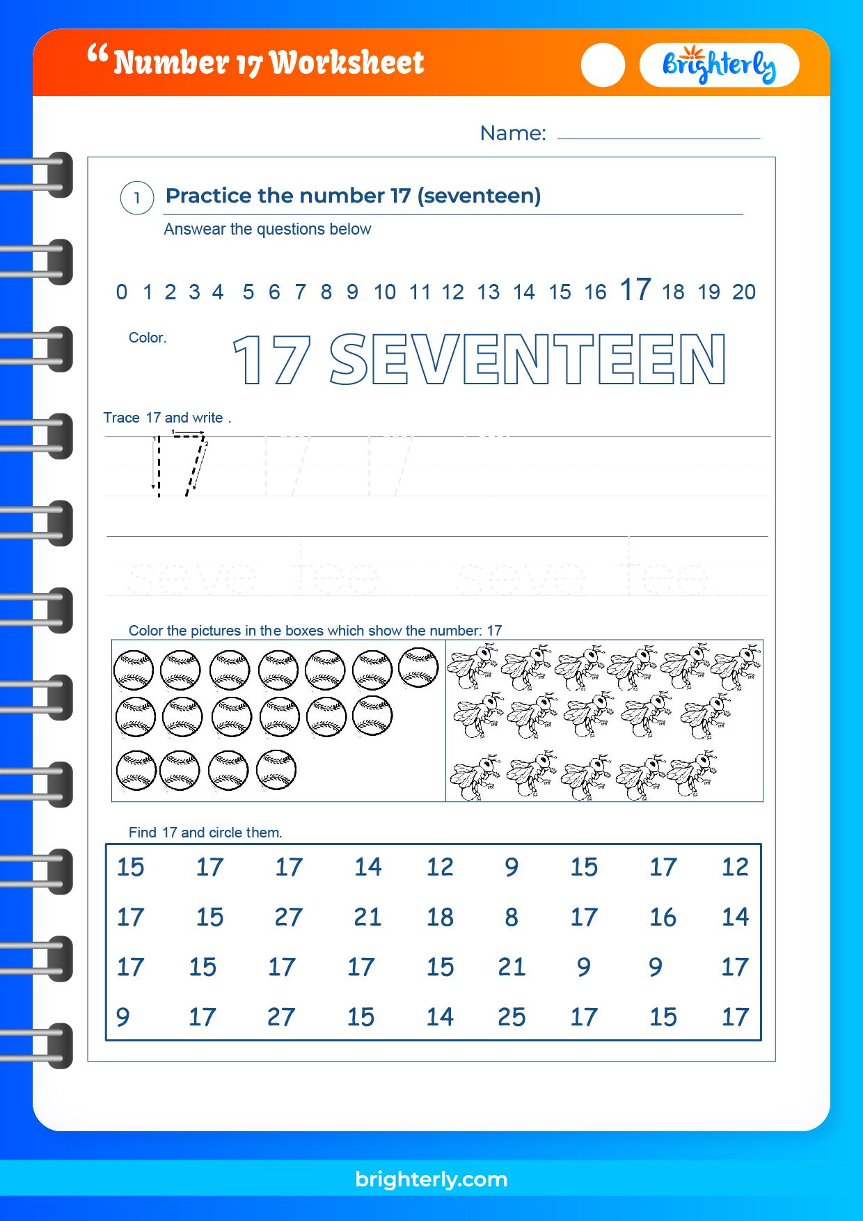 Free Printable Number 17 (Seventeen) Worksheets for Kids [PDFs]