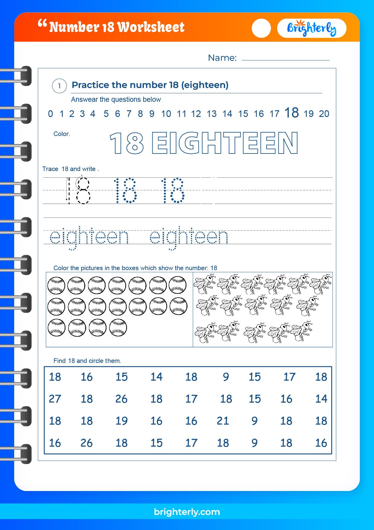 Free Printable Number 18 (Eighteen) Worksheets for Kids [PDFs]
