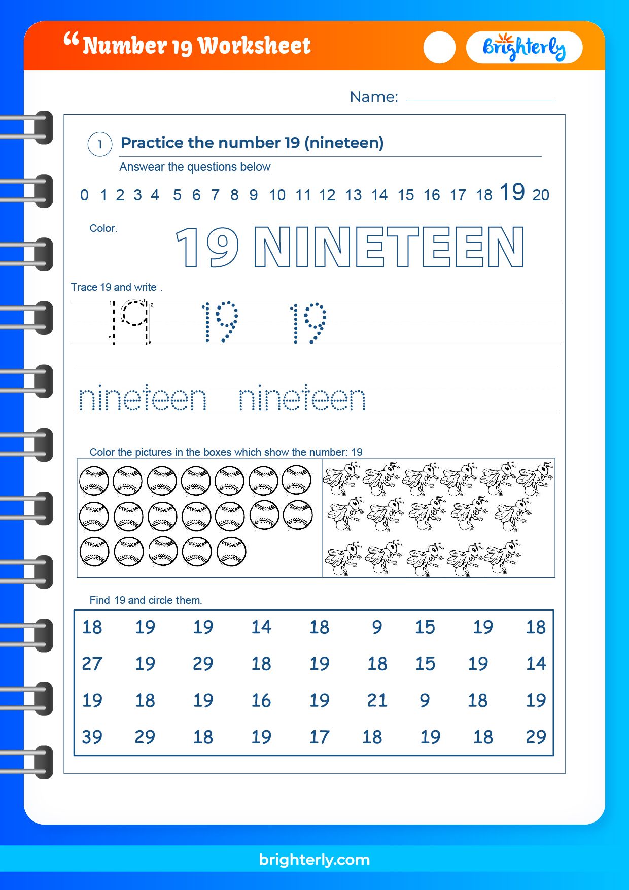 Free Printable Number 19 (Nineteen) Worksheets for Kids PDFs
