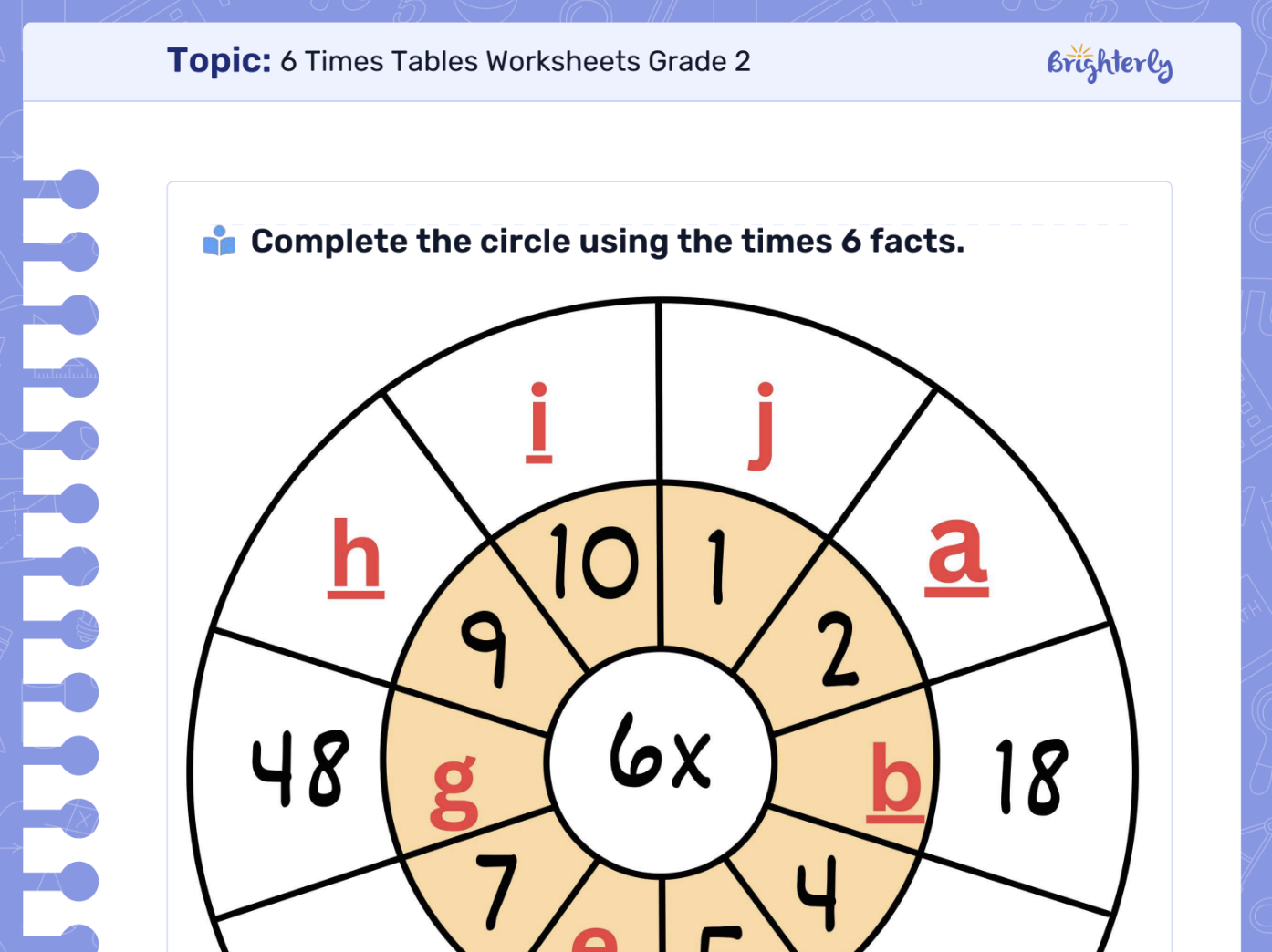 Six times tables worksheet: Examples