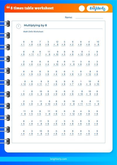 Eight Times Table Worksheets