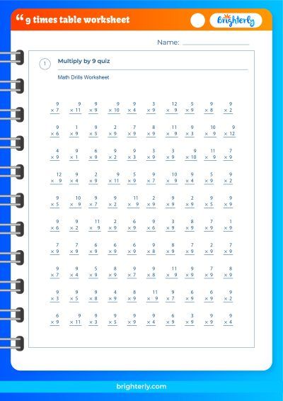 9 Times Table Worksheet With Answers