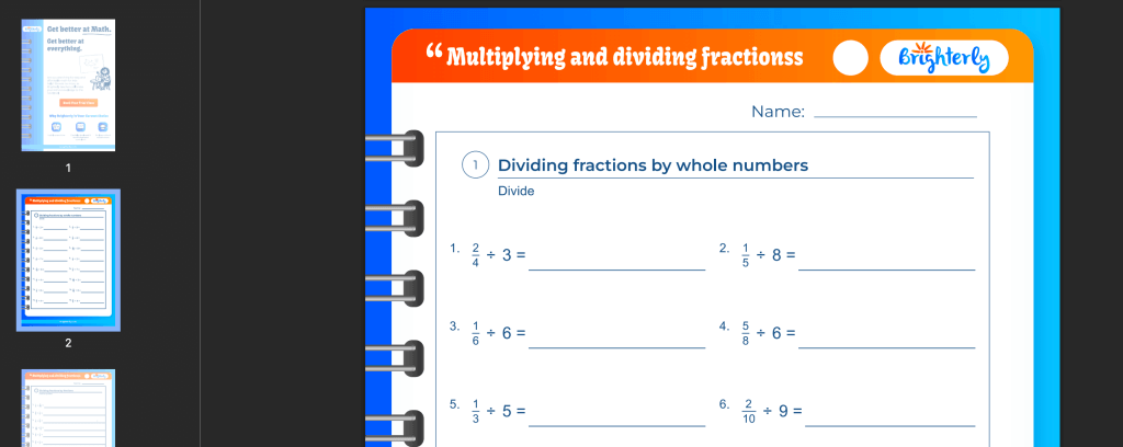 Multiplication and division of fractions worksheets: Examples