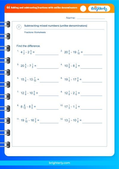 Adding And Subtracting Fractions With Different Denominators Worksheet