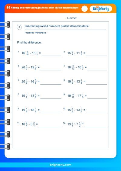 Add Subtract Fractions With Unlike Denominators Worksheet