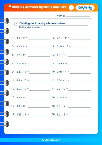 Dividing Decimals By Whole Numbers No Remainder Worksheet