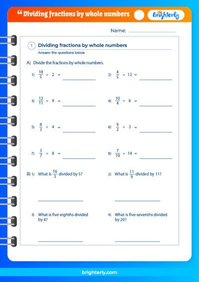 Fractions Divided By Whole Numbers Worksheet