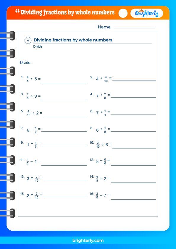 Dividing fractions by whole numbers worksheets for kids pdfs 