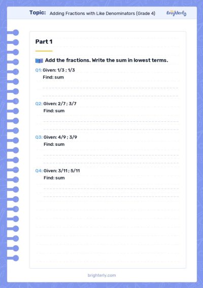 Adding Fractions with Like Denominators Worksheets