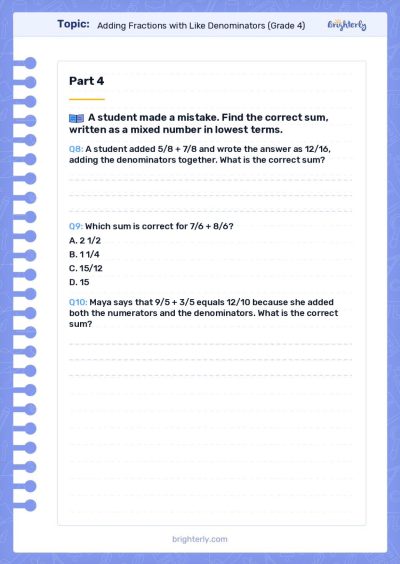 Adding Fractions with Like Denominators Worksheets