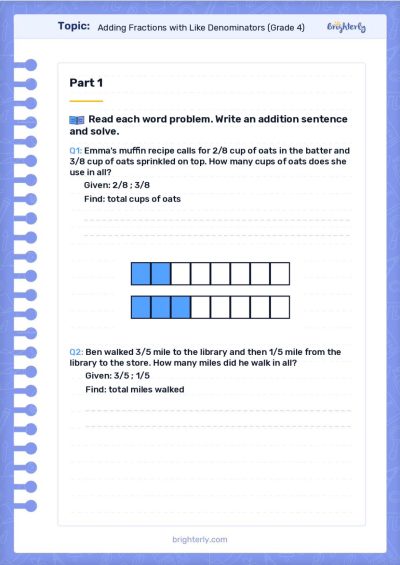 Adding Fractions with Like Denominators Worksheets