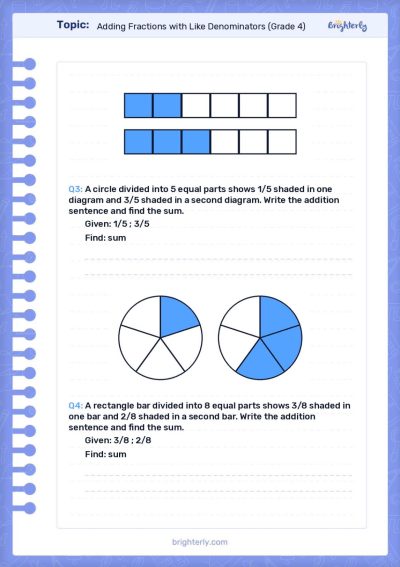 Adding Fractions with Like Denominators Worksheets