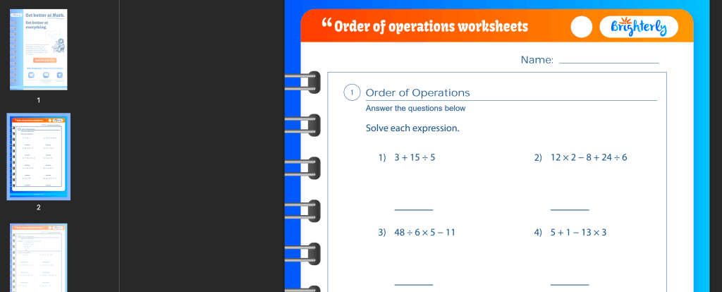 6th grade order of operations worksheet: Examples
