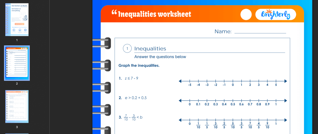7th grade inequalities worksheet: Examples