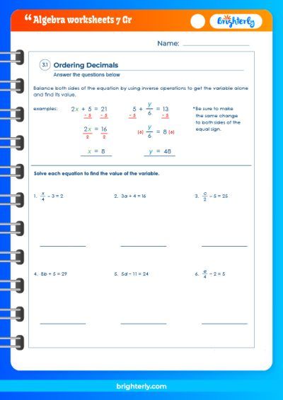 7th Grade Math Worksheets Algebra