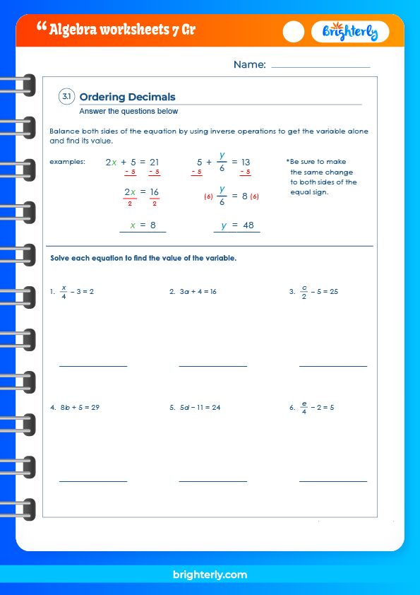 Free Printable 7th Grade Algebra Worksheets Pdfs Brighterly 5080