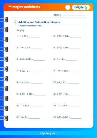 7th Grade Integers And Absolute Value Worksheet