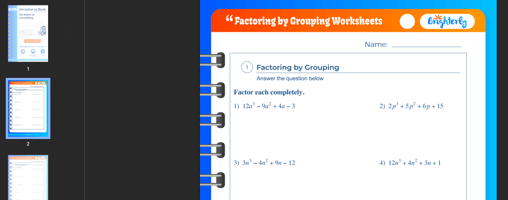 Factoring by grouping worksheet: Examples