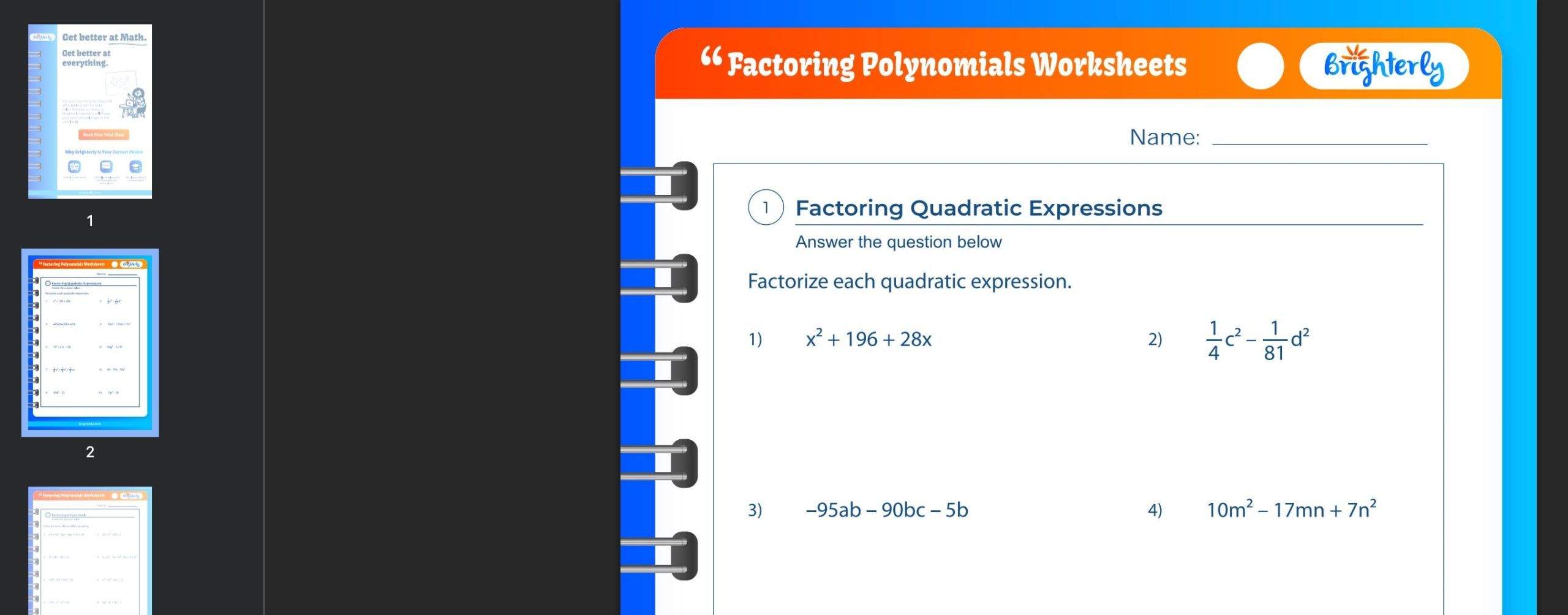 Factor polynomials worksheet: Examples