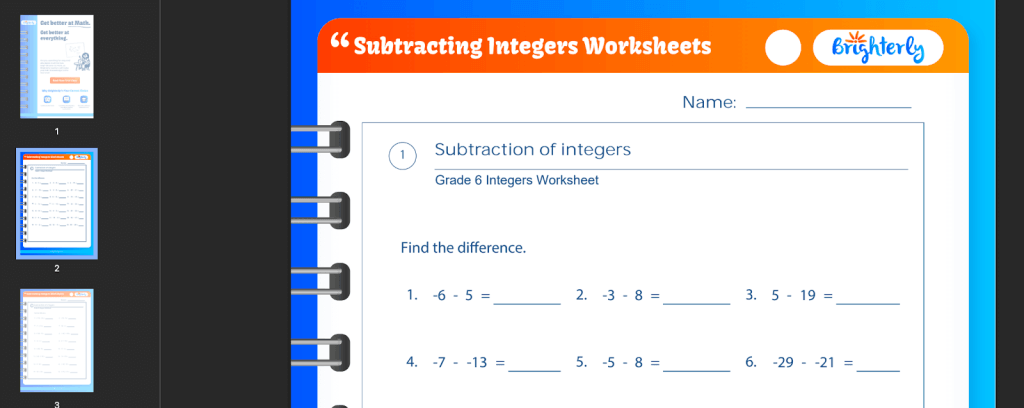 Subtracting integers worksheet PDF: Examples by Brighterly